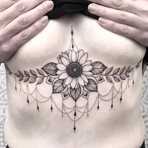 Sternum Sunflower Tattoo, Sunflower Chest Tattoo Female, Sunflower Sternum Tattoo, Big Sternum Tattoo, Underboob Tattoos, Sternum Tattoos, 2023 Tattoo, Underboob Tattoo Designs, Stomach Tattoos Women