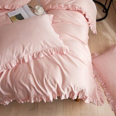 White ruffle duvet cover fitted bedding set, 100% cotton | Red Barrel Studio Bictor Duvet Cover Set Pink/Yellow | Home Decor | C004320089 | Wayfair Canada Light Pink Twin Comforter, Pink Ruffle Bedding, Pink Bed Comforters, Blair Bedroom, Pink Bed Set, Light Pink Comforter, Pink Twin Bed, Pink Comforter Sets, Interesting Objects