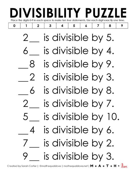 Divisibility Puzzle | Math = Love Divisibility Rules Chart, Divisibility Rules Activities, Divisibility Rules Worksheet, Divisibility Rules, Rules Poster, Middle School Math Classroom, Making Ten, Better Than Yours, Middle School Math