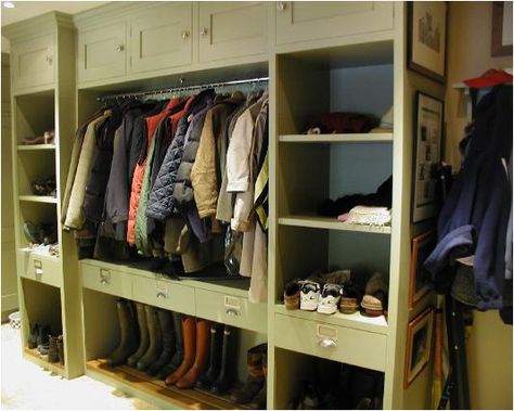 mudroom with sage green open closet/shelves/boot storage - Francie Readman Interiors Closet Boot Storage, Drop Zones, Boot Rooms, Boot Room Utility, River Ideas, Garage Mudroom, Garden Railings, Garage Update, Foyer Ideas