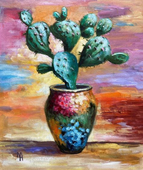 Impressionistic  Cactus oil painting on canvas board. 10'' x 12'' Abstract Cactus Painting, Painting Cactus, Southwestern Art, Pear Cactus, Cactus Painting, Still Life Oil Painting, Digital Art Design, Textured Artwork, Small Paintings