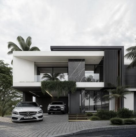 Modern House Exterior 1 Story, Modern Villa Exterior Facades, Modern Facade Design, Villa Facade Design, Modern Facades, Modern Villa Exterior, Villa Exterior Design, Villa Architecture, Modern Facade