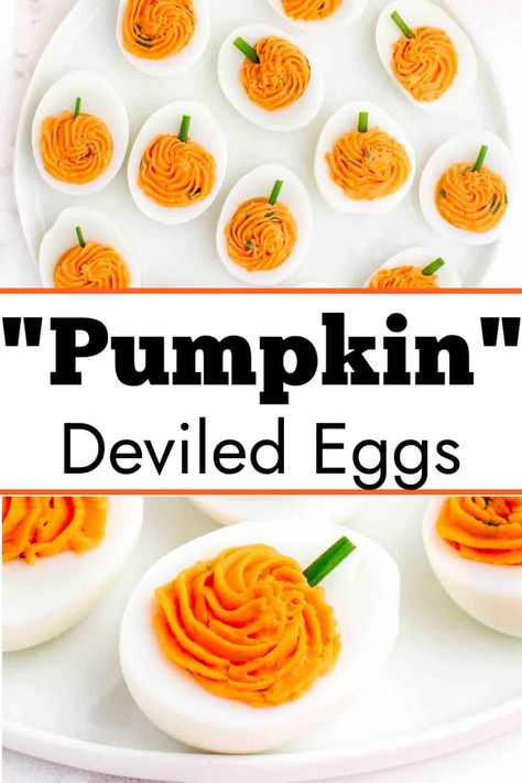 These deviled eggs are made to look like pumpkins and are so fun for Thanksgiving and Halloween! #pumpkin #deviled #eggs #halloween #thanksgiving Deviled Eggs Thanksgiving, Pumpkin Deviled Eggs, Halloween Deviled Eggs, Thanksgiving Deviled Eggs, Halloween Potluck, Monster Munch, Halloween Party Appetizers, Thanksgiving Snacks, Halloween Food Appetizers