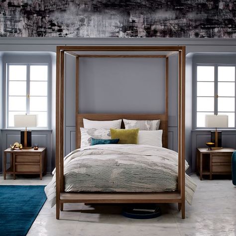 6 Canopy Beds to Fantasize About While at Work https://www.smartlyartfully.com/ Grey And Blue Walls, West Elm Bedding, Canopy Beds, Bedroom Design Inspiration, Beautiful Bed, Four Poster Bed, Four Poster, Poster Bed, Built In Bench