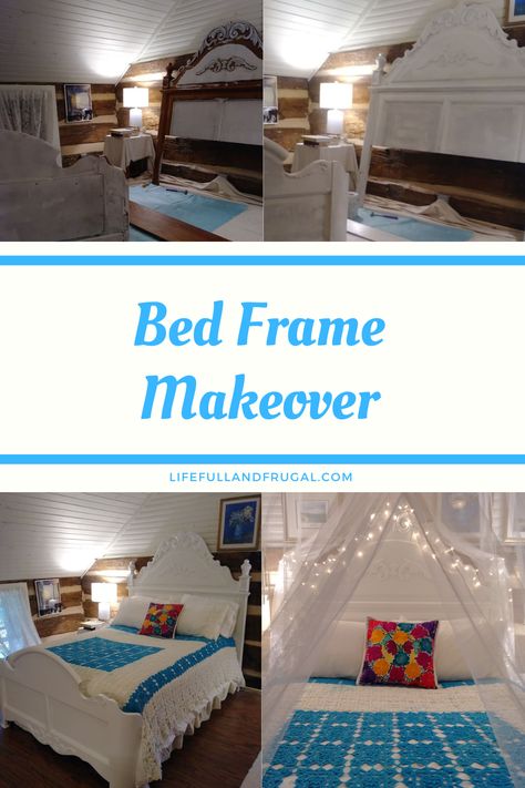 a bedroom with a white painted bed with a crocheted white and blue coverlet and a beautiful tulle canapy Bed Frame Makeover Wood, Painting A Bed Frame, Bed Frame Paint Ideas, Bedframe Makeover, Paint Bed Frame, Bed Frame Makeover, Bed Bedframe, Chalk Paint Bedroom Furniture, Painted Bed Frames