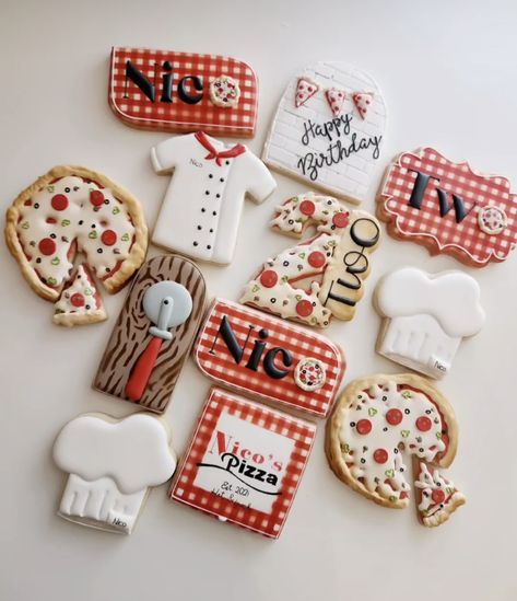 Pizza Dinner Party, Pizza Party Birthday, Birthday Pizza, Italian Themed Parties, Kids Party Inspiration, First Birthday Cookies, Italian Party, Italian Theme, Kids Themed Birthday Parties