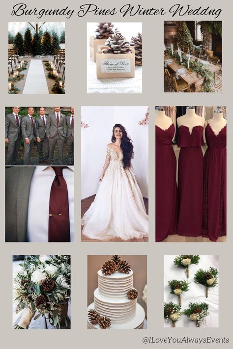 Burgundy And Pine Cone Wedding, Wine Wedding Palette, Blush Winter Wedding, Burgundy Winter Wedding, Green And Burgundy Wedding, Pine Cone Wedding, Evergreen Wedding, Wedding Color Pallet, Rustic Winter Wedding