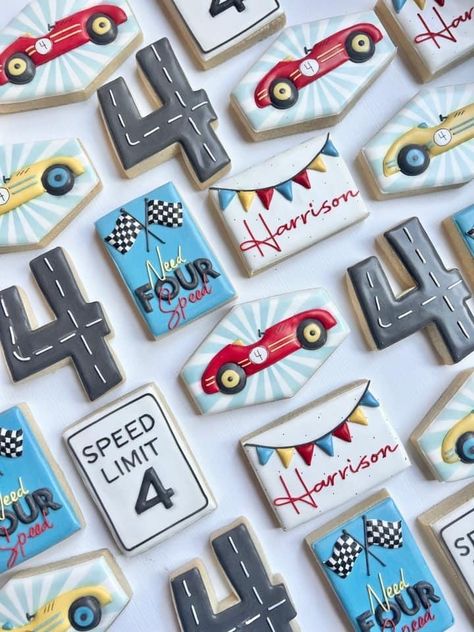 Need 4 Speed Birthday Cake, 4th Birthday Party Ideas, 4th Birthday Party For Boys, Birthday Party Ideas For Boys, 4th Birthday Boys, Birthday Party Checklist, Dinosaur Birthday Party Decorations, 4th Birthday Party, Race Car Birthday Party