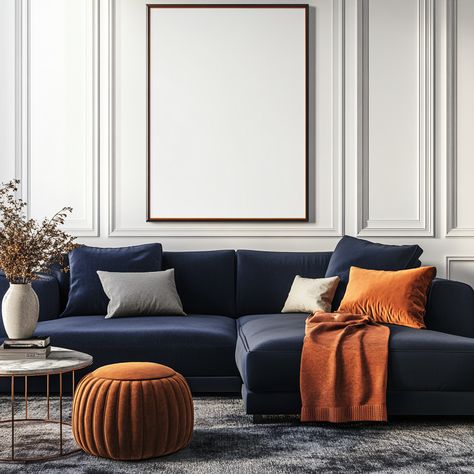 Mockup Frame Cozy Living Room Navy Blue Copper Theme Home Decor Navy Blue Apartment Living Room, Rust Blue And Cream Living Room, Cozy Navy Blue Living Room, Navy And Copper Living Room, Navy Blue Couch Living Room Decor, Blue And Copper Living Room, Navy Blue Couch Living Room, Living Room Navy Blue, Blue And Cream Living Room