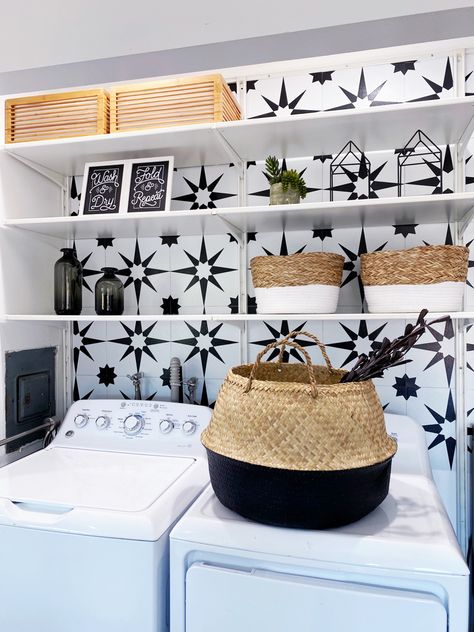 Laundry Room White Shelves, Moroccan Laundry Room, Aztec Laundry Room, Peel And Stick Tile Laundry Room, Laundry Room Peel And Stick Tile, Mexican Laundry Room, Tile Laundry Room, Boho Laundry, Laundry Designs