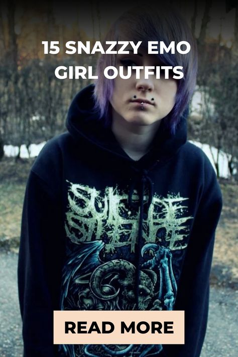 Emo girl with purple hair and piercings wearing a graphic hoodie, part of a collection showcasing emo fashion styles. Emo Girl Outfits, Emo Culture, Punk Subculture, Emo Look, Aesthetic Emo, Corset Looks, Tartan Pants, Deep Emotions, Emo Girl