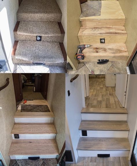 Rv Steps Ideas Wood, Trailer Updates, Rv Carpet, Staircase Renovation, Carpeted Stairs, Rv Inspiration, Rv Redo, Rv Interior Remodel, Camper Reno