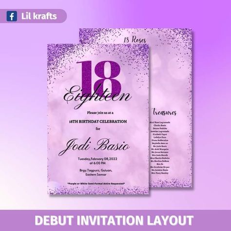 Message us on fb page @lil krafts ᴗ̈ Purple Invitation Card For Debut, Invitation Card For Debut, Debut Invitation Template, Purple Invitation Card, Purple Invitation, Debut Invitation, Invitation Layout, Purple Invitations, Box Invitations