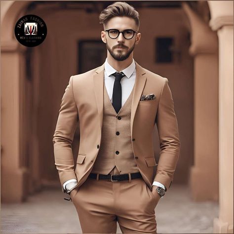 Brown Tux, Trending Suits, Tan Suit Wedding, 3 Piece Suit Wedding, Suit Groom, Tan Suit, Formal Fashion, Mens Fashion Wear, Wedding Suits Groom