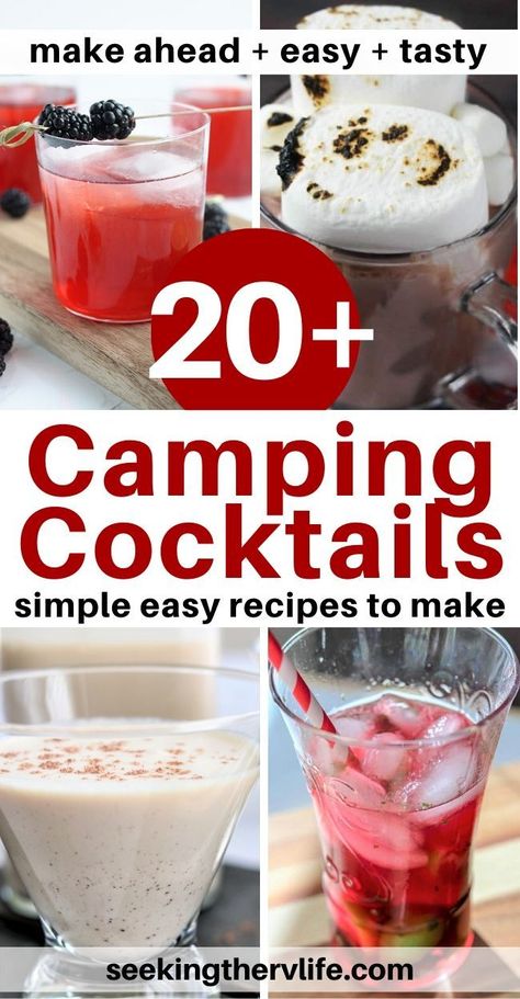 20+ easy cocktail recipes that are perfect when you're camping. These camping cocktails are simple and easy drink recipes to have on your next camping trip. Whether in a tent or RV you can enjoy these camping recipes around the campfire. From simple make-ahead recipes like mojitos, Moscow mules, sangria, punch, hot toddy, mulled wine, homemade baileys, pitcher cocktails, warm cocktails, and more! cocktails #cocktailrecipes #campingrecipe #drinkrecipes #mojitos #moscowmule #sangria Camping Drinks Alcohol, Camping Cocktails, Easy Camping Recipes, Campfire Pizza, Sangria Punch, Cocktails Easy, Easy Cocktail Recipes, Warm Cocktails, Homemade Baileys