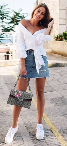 how to wear a denim  how to wear a denim skirt : bag sneakers white off shoulder top Platform Superga Outfit, Superga Outfit, Platform Superga, Outfits With Air Force Ones, Outfits With Jordan 1s Fashion Styles, Cool Summer Outfits, Legging Outfits, Fashion Blogger Style, Outfit Trends