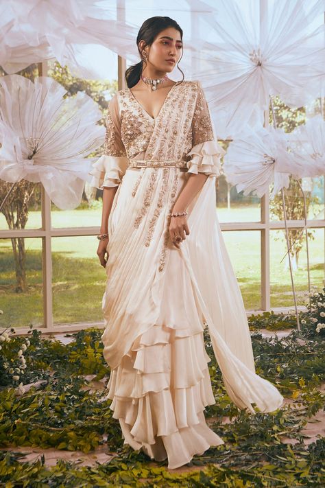 Rachit Khanna, Embellished Saree, Saree Gowns, Pleated Drapes, Gown For Women, Ruffle Saree, Saree Gown, White Saree, Gowns Online