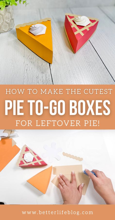 This Cricut Pie Slice Box is the perfect addition to your holiday dinner parties. They’re great for handing out leftover pie slices to your guests… so don’t let another slice of pie go to waste! Diy Pie Box, Pumpkin Pie Craft, Pie Favors, Diy Pumpkin Pie, Diy Pie, Pie Craft, Crafts Thanksgiving, Pie Box, Thanksgiving Favors