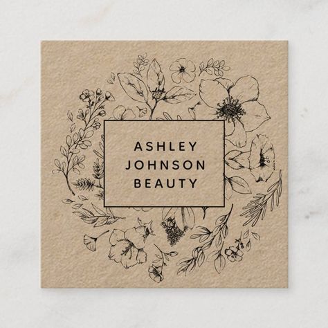 Modern Botanical Kraft and Black Floral Square Business Card  Zazzle Business Cards Beauty, Floral Business Cards, Referral Cards, Floral Stationery, Modern Botanical, Business Thank You Cards, Square Business Card, Floral Squares, Business Stationery