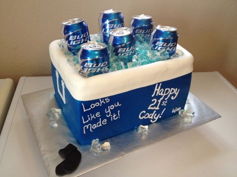 Ok so this is going to be Jeff's grooms cake but with Memphis logo on front of cooler! AWESOME! Birthday Cake Beer, 21st Birthday Cake For Guys, Birthday Beer Cake, 21st Cake, 21st Birthday Cakes, Beer Cake, Cereal Treats, Buttercream Filling, Beer Birthday