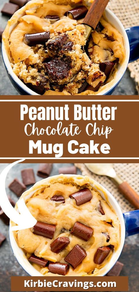 Creamy, fluffy, eggless peanut butter cake mixed with melty chocolate chips. This single serving mug cake is ready in about 5 minutes. This cake is best eaten warm, while the chocolate is still melty and gooey. Because this cake is eggless, the crumb is a little loose. It’s best eaten in the mug as it won’t hold up well if you try to remove it from the mug. So I recommend you just grab a spoon and dig in. Banana Mug Cake, Chocolate Chip Mug Cake, Desserts With Chocolate Chips, Peanut Butter Mug Cakes, Chocolate Peanut Butter Desserts, Chip Mug, Mug Cake Microwave, Chocolate Peanut Butter Cake, Chocolate Chip Cake