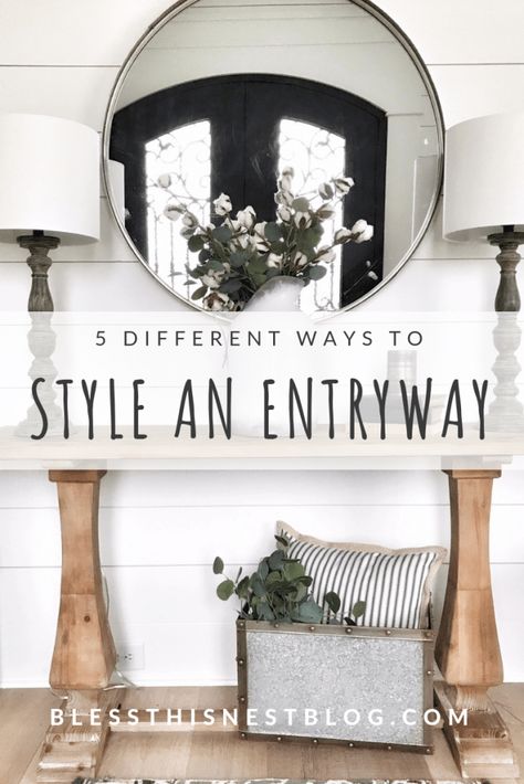 Large Foyer Ideas, Entry Designs, Area Rug Ideas, Foyer Table Decor, Shiplap Entryway, Foyer Wall Decor, Entrance Foyer Design, Small Entryway Table, Modern Farmhouse Entryway