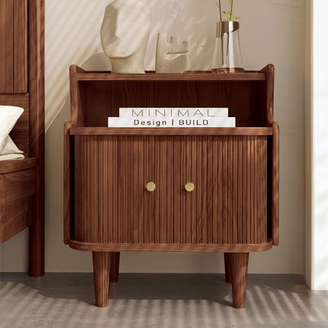 Mid Century Wooden Nightstand with Opening Storage Shelf and Cabinet Mid Century Bedroom Storage, Diy Mid Century Modern Bed Frame, Entryway Ideas Mid Century Modern, Eclectic Mid Century Modern Bedroom, Midcentury Modern Bedroom Decor, Alternative Nightstand Ideas, Mid Century Modern Bedroom Design Ideas, Bed Frame Aesthetic, Small Nightstand Ideas