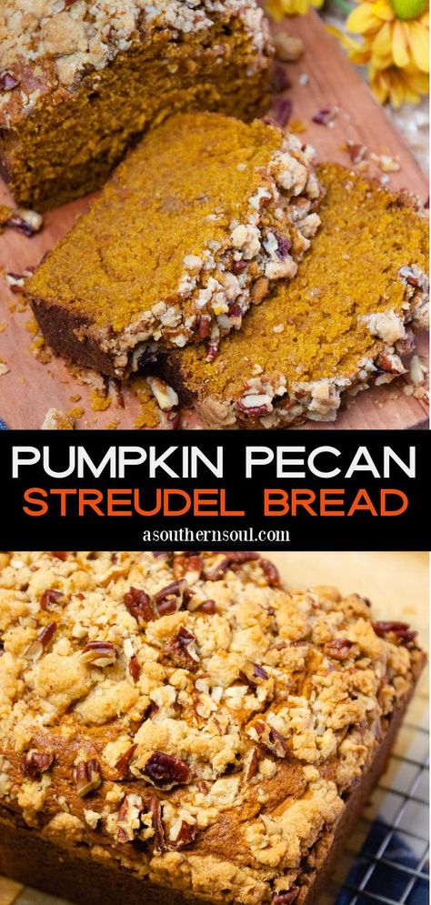 Homemade pumpkin bread with a sweet, crunchy pecan streusel topping is a favorite fall treat! It’s loaded with warm pumpkin spice flavors and is tender and moist on the inside, making it out-of-this-world delicious. Pumpkin Pecan Streusel Bread, Pumpkin Pecan Banana Bread, Praline Pumpkin Bread, Pumpkin Pecan Loaf, Pumpkin Bread With Pecans, Pumpkin Strudel Bread, Pecan Quick Bread, Pumpkin Bread With Streusel, Pumpkin Pecan Coffee Cake