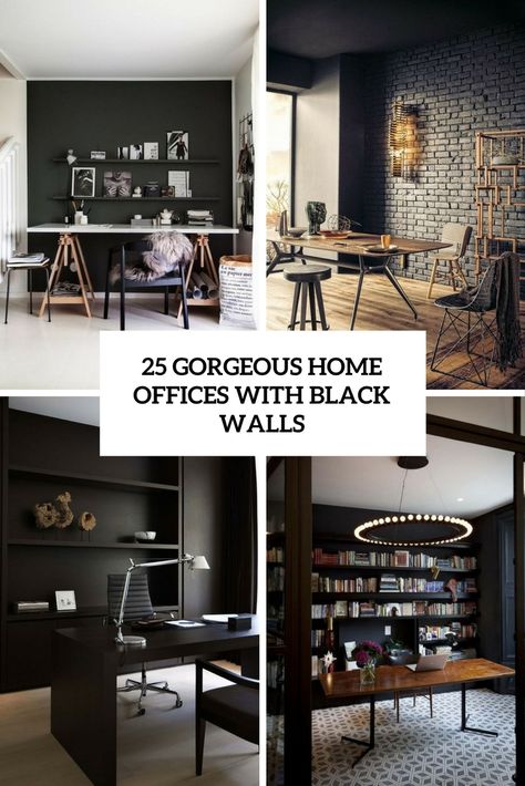 gorgeous home offices with black walls cover Black Office Walls Modern, Black Decor Office, Home Office Ideas Black And White, Black Walls Office Design, Black Office Furniture Decor, Black Wallpaper Office, Black Feature Wall Office, All Black Home Office, Black White Brown Office