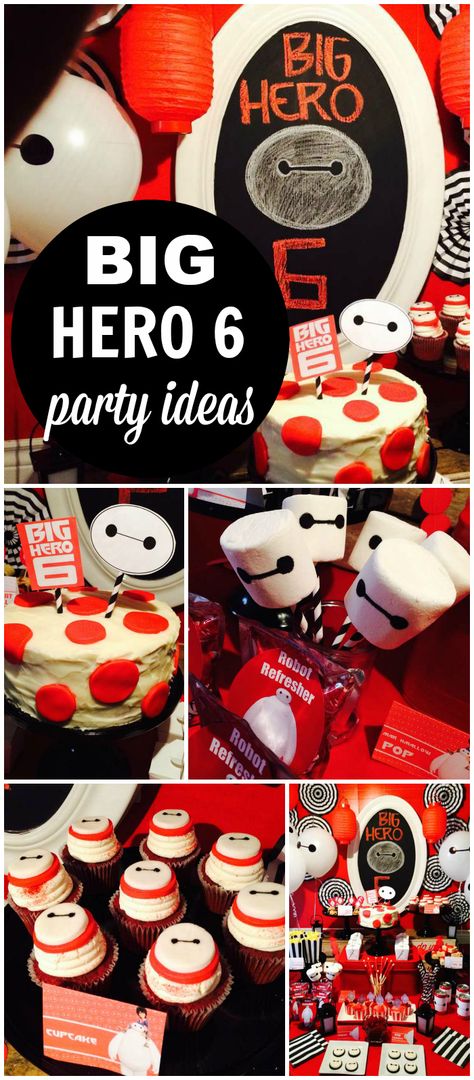 What a great Big Hero 6 party in red, black and white with a Japanese twist! See more party ideas at CatchMyParty.com! 6 Birthday Party Ideas, Baymax Party, Big Hero 6 Birthday, Big Hero 6 Party, Boys Birthday Party Themes, Pixar Party, 6 Birthday Party, Boy Birthday Party Themes, 6 Birthday