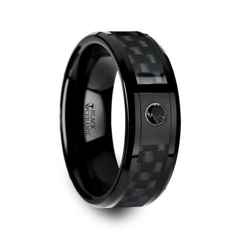 MANHATTAN Black Ceramic Ring with Black Diamond & Black Carbon Fiber Inlay | 8mm Black Diamond Wedding Bands, Carbon Fiber Rings, Ceramic Ring, Contemporary Ring, Ceramic Rings, Shop Wedding, Diamond Settings, Aberdeen, Black Ceramic