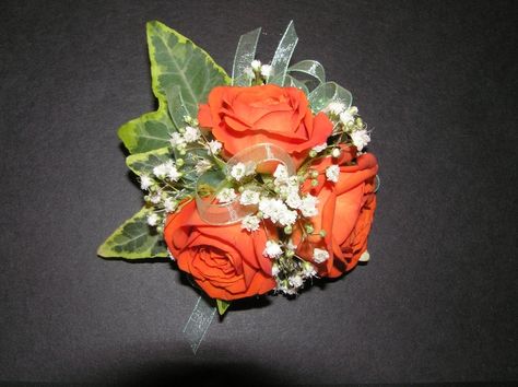 White Flower Corsage, Orange Corsage, Prom Flowers Corsage, Coral Prom Dress, Prom Corsage And Boutonniere, Junior Prom, Corsage And Boutonniere, Jr Prom, Corsage Prom