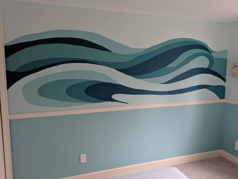 Beach Theme Mural, Waves Mural Painting, Diy Wave Mural, Water Mural Painting, Wave Wall Mural Diy, Wave Mural Wall Art, Ocean Mural Painting, Wave Wall Painting, Sea Room Aesthetic