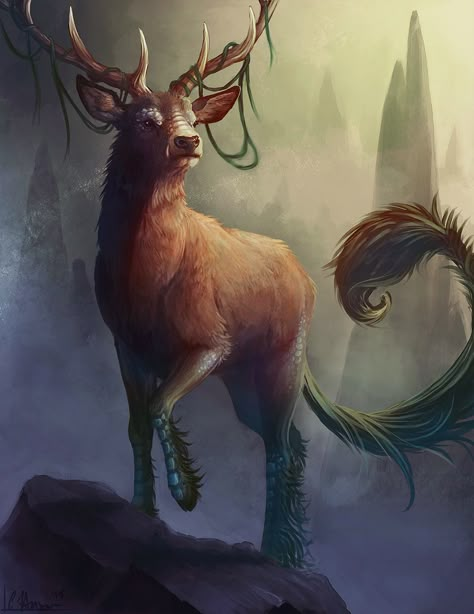 Kirin by Ligers-mane.deviantart.com on @DeviantArt Arte Aries, Mystical Animals, Deer Illustration, Mythical Animal, Deer Art, Fantasy Beasts, Creature Drawings, Fantasy Creatures Art, Mythical Creatures Art