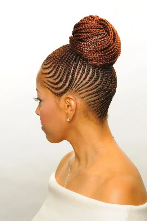 feed in corn row bun                blackhairinformation.com South African Hairstyles, Straight Up Hairstyles, Trendy We Fryzurach, Updos Hairstyles, Braided Buns, Cornrows Styles, Twisted Hair, Classic Updo, Braided Styles