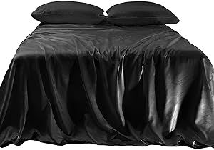 Elegant Comfort Luxurious 4-Piece Silky Satin Sheet Set, Skin and Hair Friendly, Wrinkle, Fade, Stain Resistant with Deep Pockets Fitted Sheet, Cooling Soft Satin Sheet Set, Queen, Black Satin Blanket, Hot Summer Nights, Heavy Blanket, Satin Sheets, Full Duvet Cover, Blanket Cover, Weighted Blanket, Main Bedroom, Bed Sheet Sets