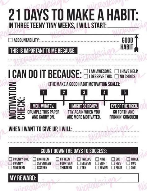 21 days to make a habit worksheet Break A Habit, Mental Training, I Can Do It, Good Habits, Life Coaching, Bad Habits, Self Improvement Tips, 21 Days, Life Planner