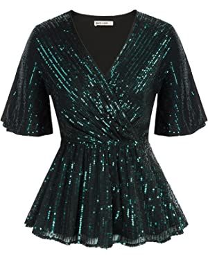 Women's Sequin Club Top Bell Sleeve Ruffle Hem Glitter Wrap Blouse Sparkle Shimmer V-Neck Shining T-Shirt Blouse Red XXL at Amazon Women’s Clothing store Shimmer Tops For Women, Sequin Peplum Top, Stitching Ideas, Lantern Sleeved Blouses, Sparkly Top, Split Sleeve, Sequin Shirt, Sequin Shorts, Green Sequins