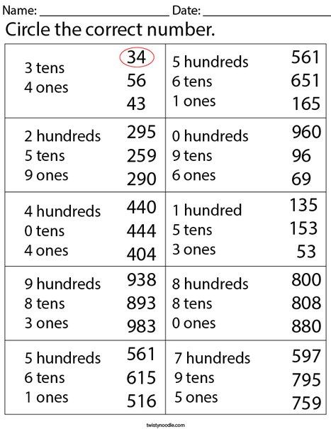 Place Value- Circle the Correct Number Math Worksheet - Twisty Noodle Easy Math Worksheets, Mental Maths, First Grade Math Worksheets, School Journals, Maths Worksheets, 3rd Grade Math Worksheets, Math Sheets, Homeschool Worksheets, Kids Worksheets