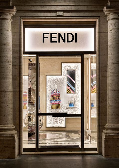 Fendi Flagship Store in Rome Restored by Curiosity — urdesignmag Marble Staircase, Mirror Ceiling, Fendi Store, Shop Front Design, Perfume Design, Shop Front, Store Interior, Store Front, Luxury Store