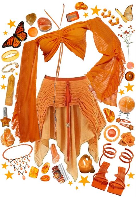 orange fairy Outfit | ShopLook Orange Ren Faire Outfit, Fairy Theme Outfit, Orange Aesthetic Outfits, Yellow Fairy Costume, Orange Rave Outfit, Ideas For Background, 70s Fairy, Cottagecore Aesthetic Outfits, Outfit Themes