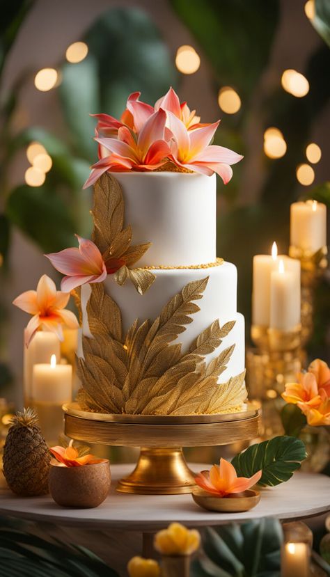 Tropical cake - AI creation Filipino Cake Design, Tropical Cake Design, Ukrasavanje Torti, Hawaii Wedding Cake, Tropical Birthday Cake, Spectacular Cakes, Xv Ideas, Tropical Cake, Tropical Wedding Cake