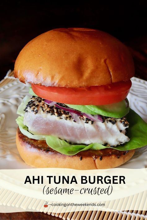 This is THE BEST Ahi Tuna Burger I've ever had. Sesame crusted, seared to perfection, and lightly spread with sweet and spicy Chili Crunch Mayo, you won't know what hit you. Seriously. Ahi Tuna Burger Recipes, Ahi Burger, Ahi Tuna Sandwich, Ahi Tuna Appetizer, Ahi Tuna Burger, Tuna Burger Recipe, Tuna Sliders, Tuna Appetizer, Sweet And Spicy Chili