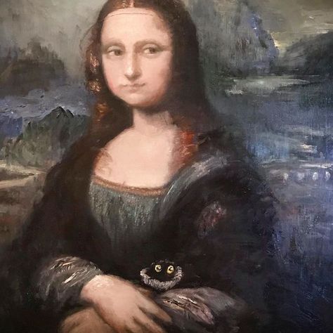 This Artist Can Sneak Her Cats Into Any Painting And It’s Hilarious Vanessa Stockard, Mona Lisa Portrait, Cassandra Calin, Black Cat Artwork, Black Cat Painting, Tiny Cats, Knotted Blouse, Black Cat Print, Cat Artwork