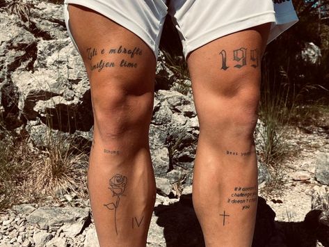 Small Shin Tattoo Men, Small Tattoo Leg Men, Simple Tattoos Men Thigh, Quad Tatoos Men, Men Small Leg Tattoo, Leg Word Tattoo Men, Small Body Tattoos Men, Small Legs Tattoo, Tattoos On Legs For Men