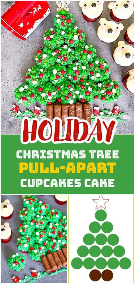 Cupcake Cake Christmas, Christmas Tree Cupcake Cake, Creative Christmas Appetizers, Make Ahead Christmas Appetizers, Pull Apart Cupcake, Christmas Tree Desserts, Vanilla Frosting Recipes, Brown Food Coloring, Christmas Dessert Table