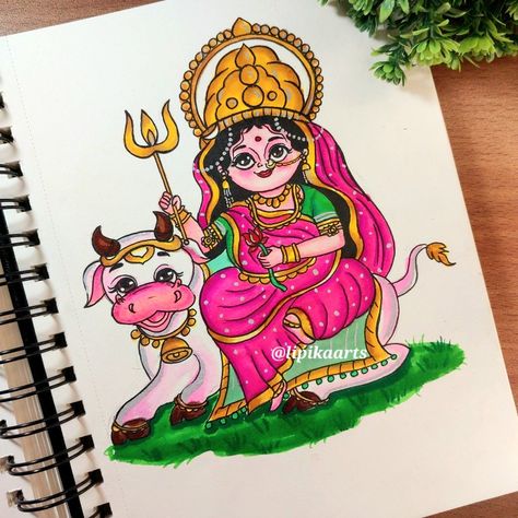 #drawing #shailputrimaa Shailputri Maa Drawing Easy, Shailputri Maa Mandala Art, Shailaputri Devi Drawing, Shailputri Maa Drawing, Shailputri Maa Painting, Maa Shailputri Drawing, Ganeshji Painting, Maa Shailputri, Mata Drawing