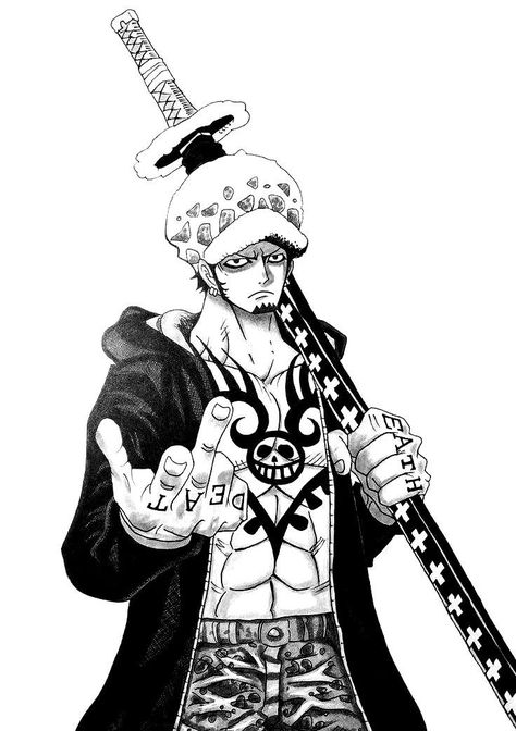 Trafalgar D Law Tattoo, Trafalgar Law Reference, Law Drawing One Piece, Trafalgar Law Black And White, Trafalgar Law Sketch, Law One Piece Tattoo, Trafalgar Law Drawing, Law One Piece Manga, Trafalgar Law Room