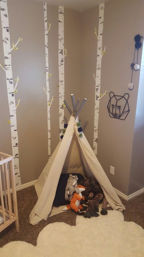 Diy teepee for baby boys nursery. Only spent $20! Used PVC pipe (covered the tips with yarn), draped the pipe with a canvas dropcloth from the paint section at Lowes. Boy Themed Rooms, Diy Kids Teepee, Teepee Nursery, Ocean Themed Rooms, Baby Nursery Ideas, Diy Teepee, Themed Rooms, Baby Boy Shower Favors