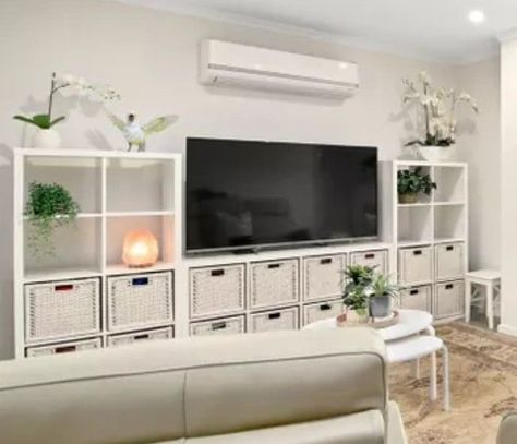 Living Room Kallax Ideas, Kallax Ikea Tv Stand Living Rooms, Cube Shelf Tv Stand Living Rooms, Cube Storage Entertainment Center, Ikea Kallax Tv Unit, Ikea Kallax Tv Wall Unit Ideas, Kallax Media Unit, Tv Stand Dresser Bedroom, Kallax Ikea Living Room